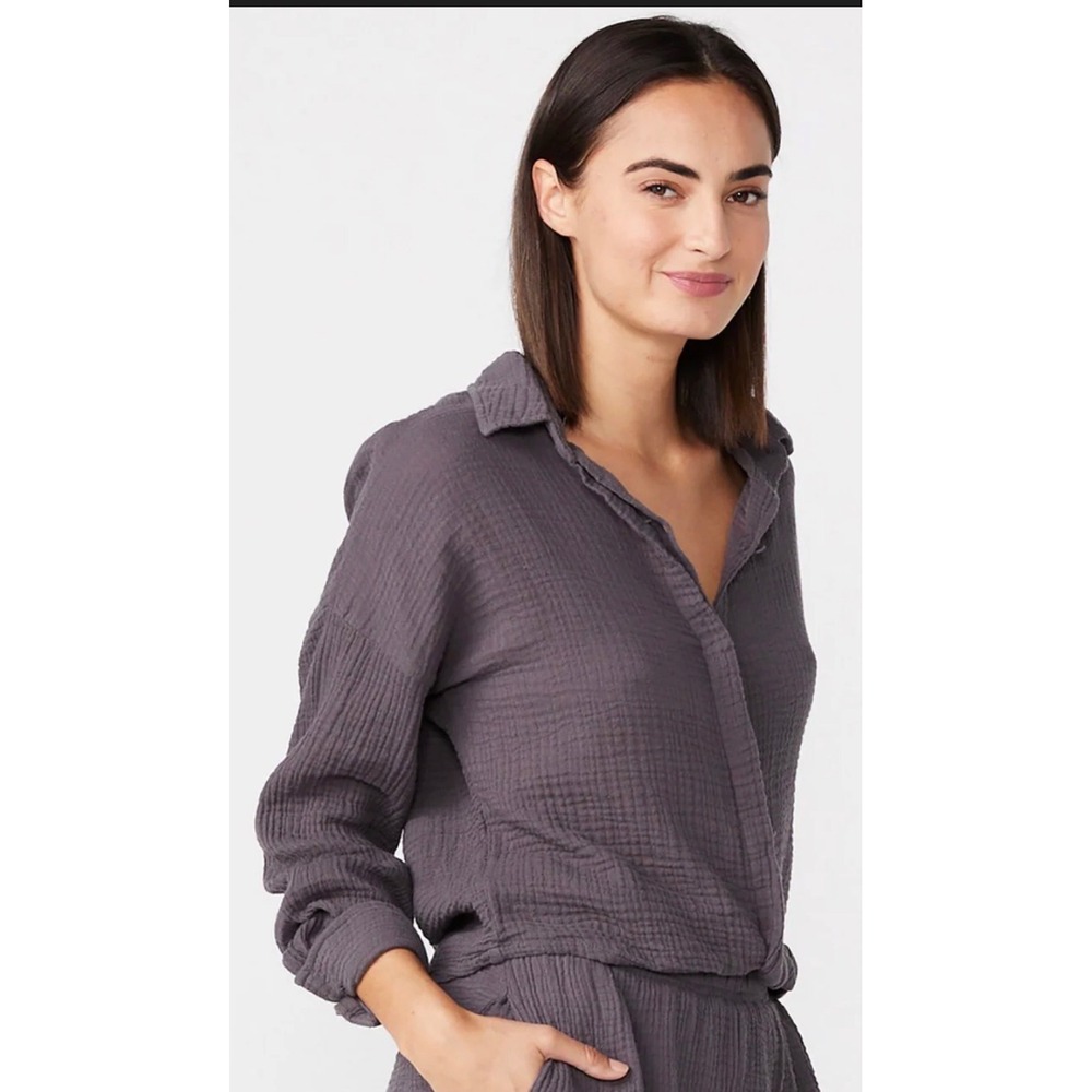 Monrow Gauze Cotton Shirt L Black Crinkle Button Up Coastal Minimalist‎ Relaxed